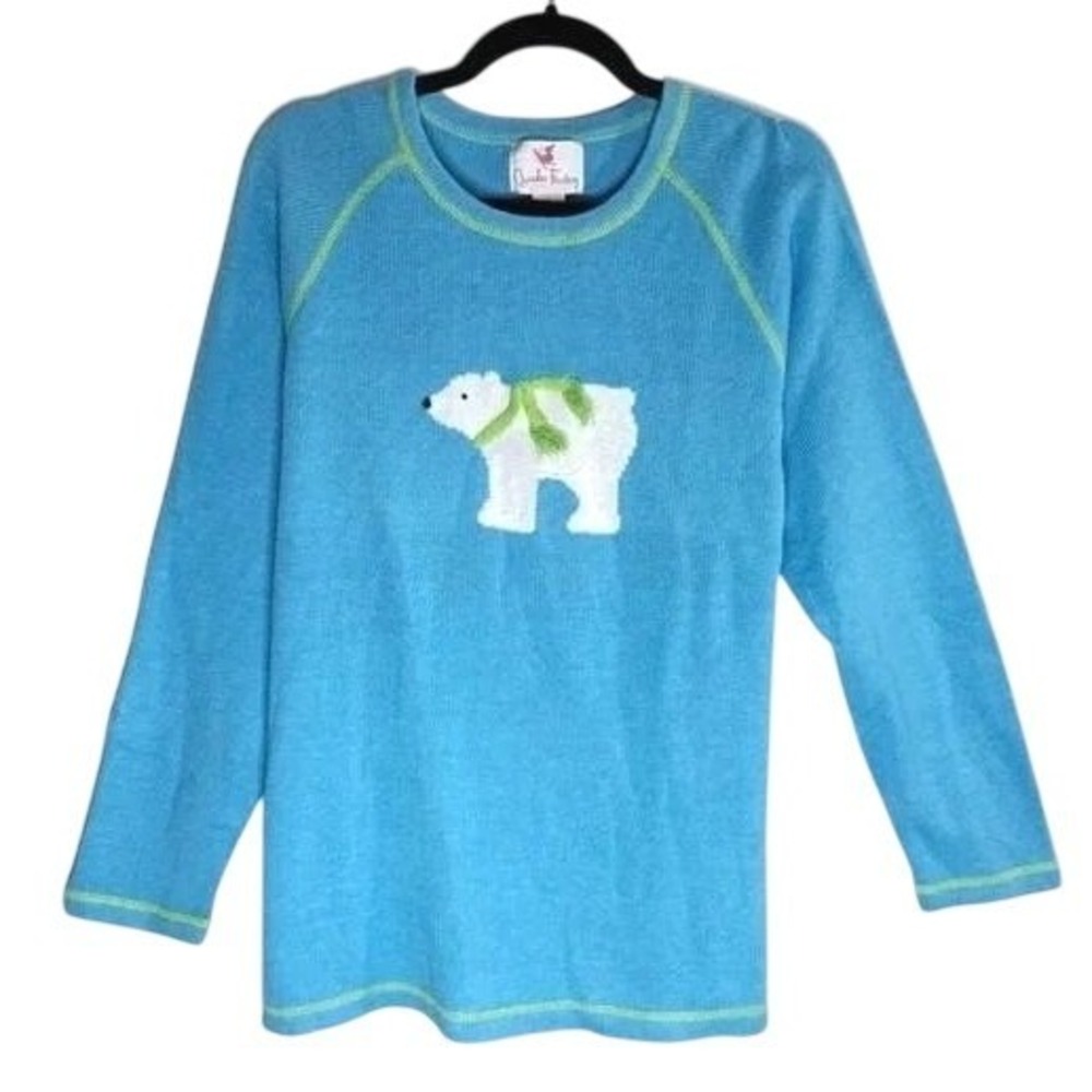 Quacker Factory Sweater Women 1X Blue Polar Bear Raglan Pullover Good